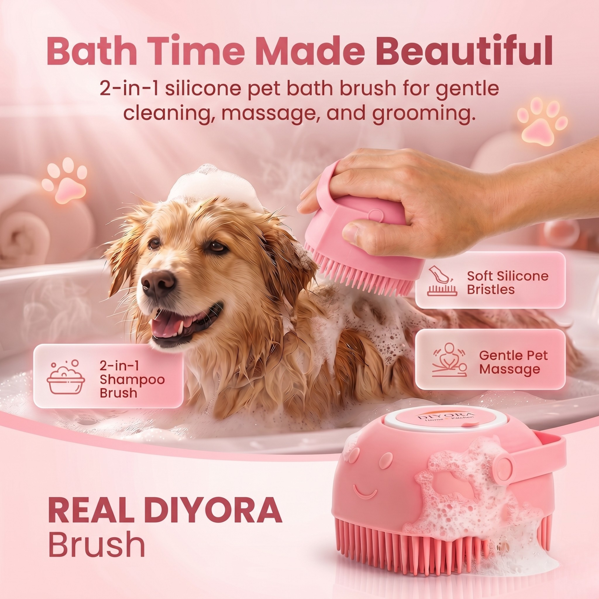 DIYORA 2-in-1 Silicone Pet Bath & Shampoo Dispensing Brush