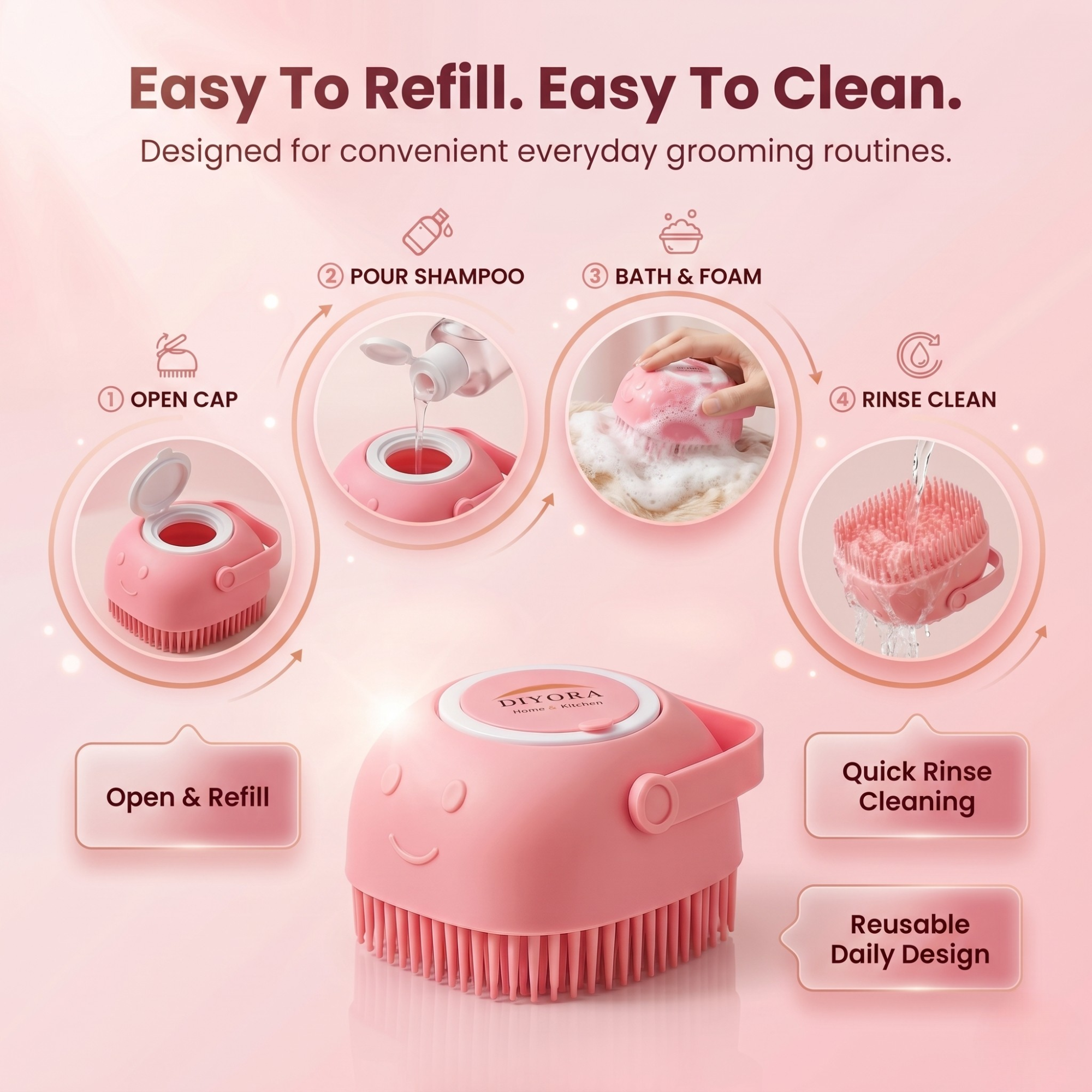 DIYORA 2-in-1 Silicone Pet Bath & Shampoo Dispensing Brush