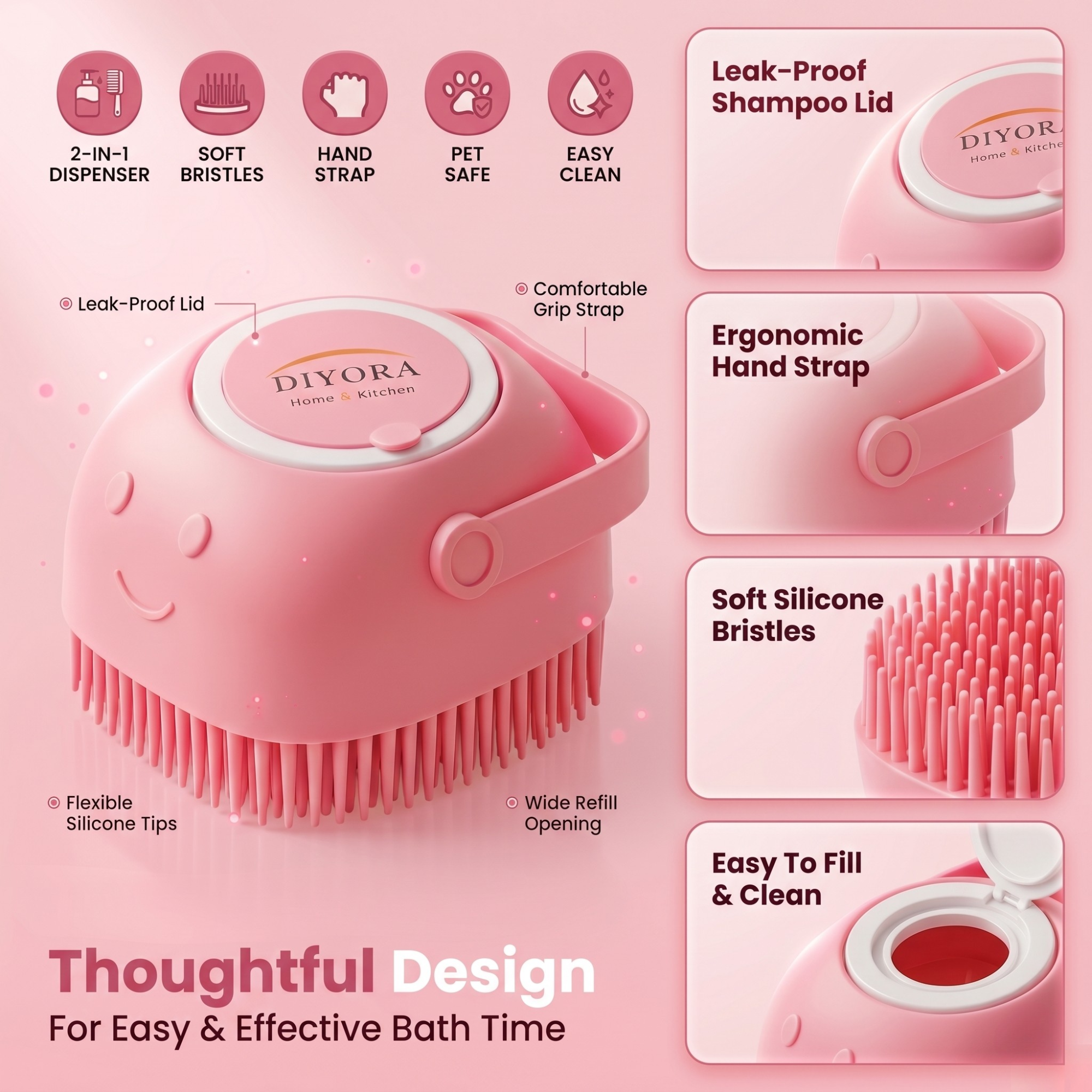 DIYORA 2-in-1 Silicone Pet Bath & Shampoo Dispensing Brush