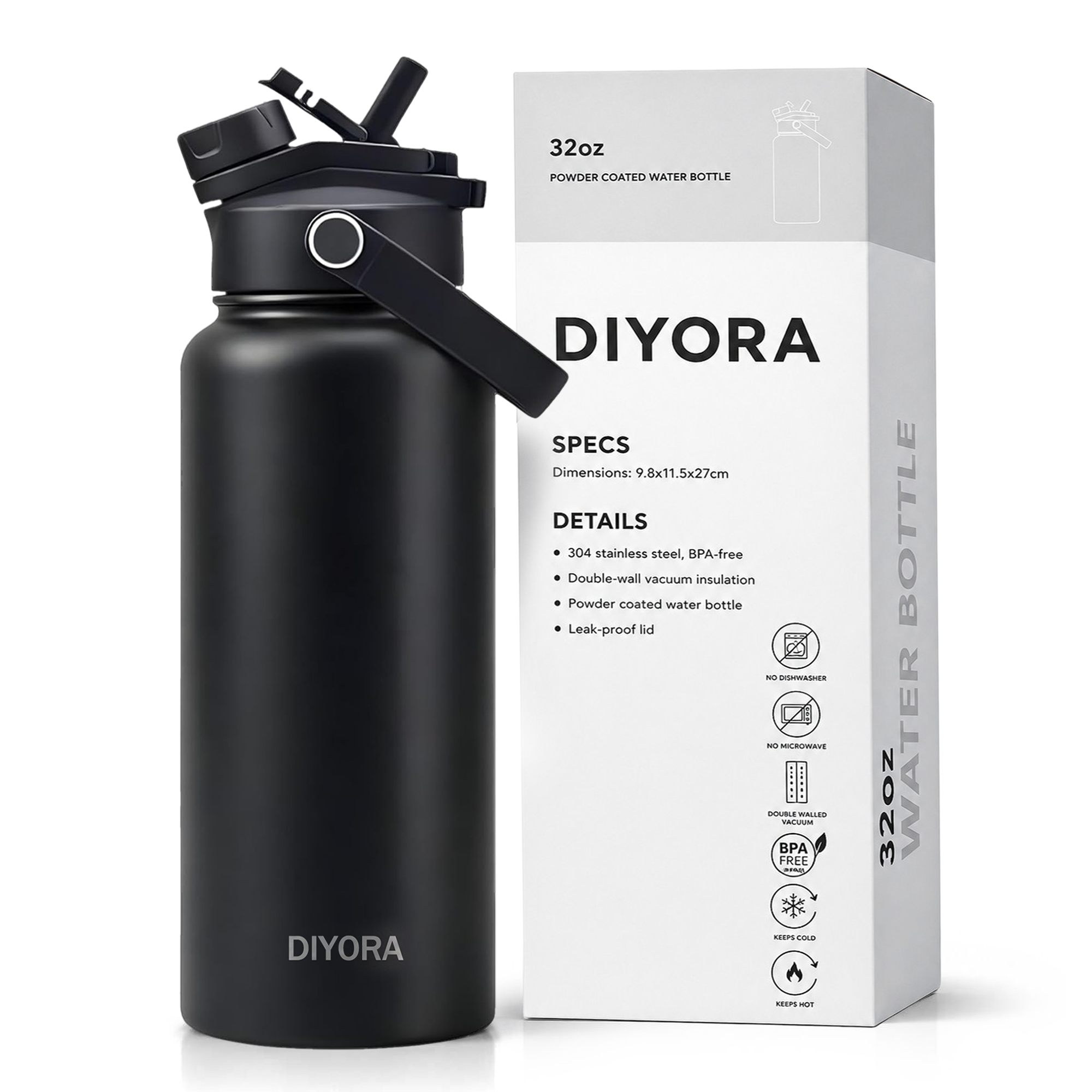 DIYORA 32oz Insulated Stainless Steel Water Bottle