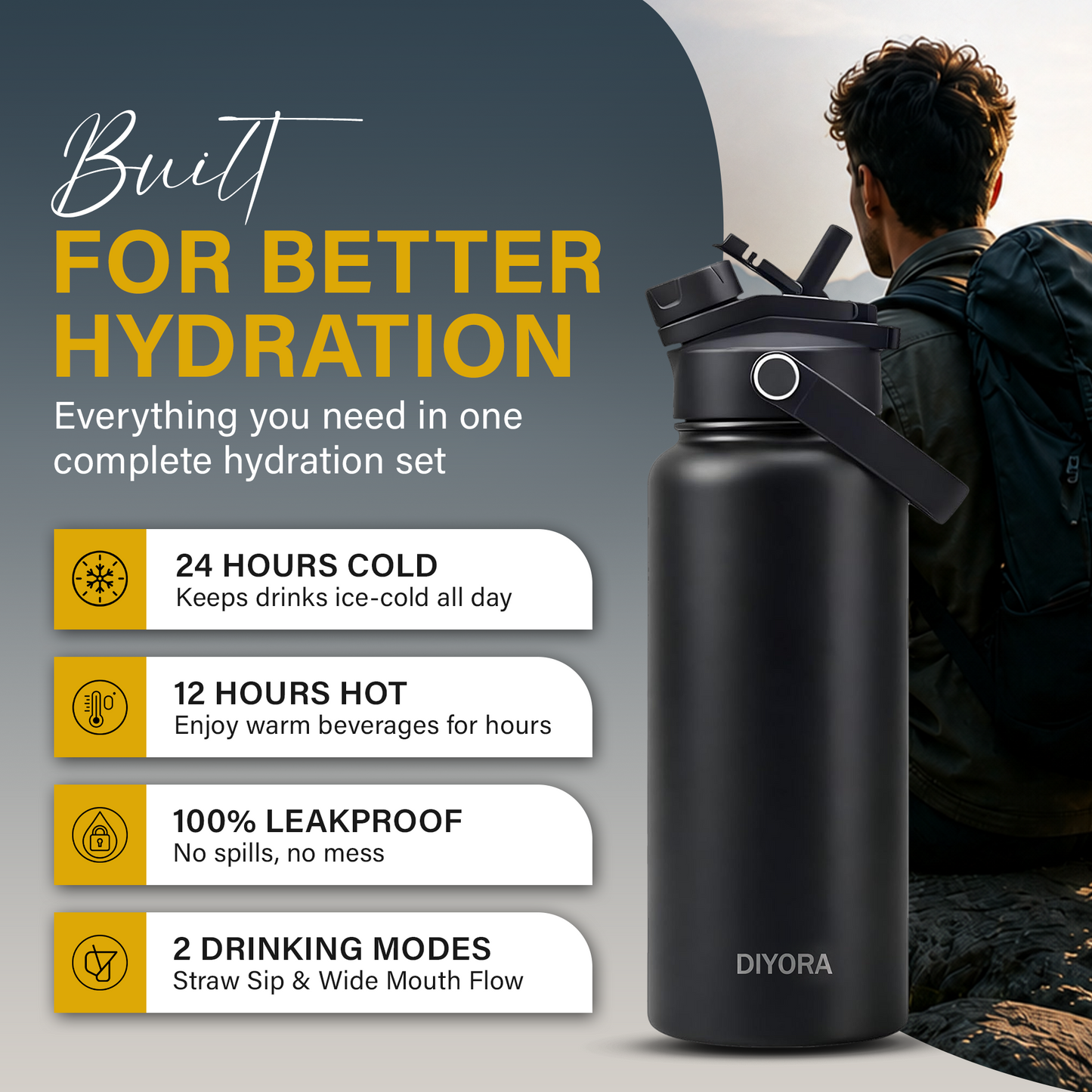 DIYORA 32oz Insulated Stainless Steel Water Bottle