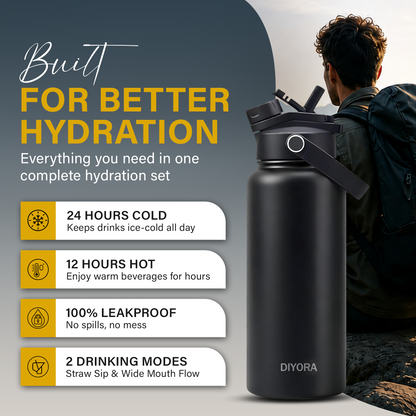 DIYORA 32oz Insulated Stainless Steel Water Bottle
