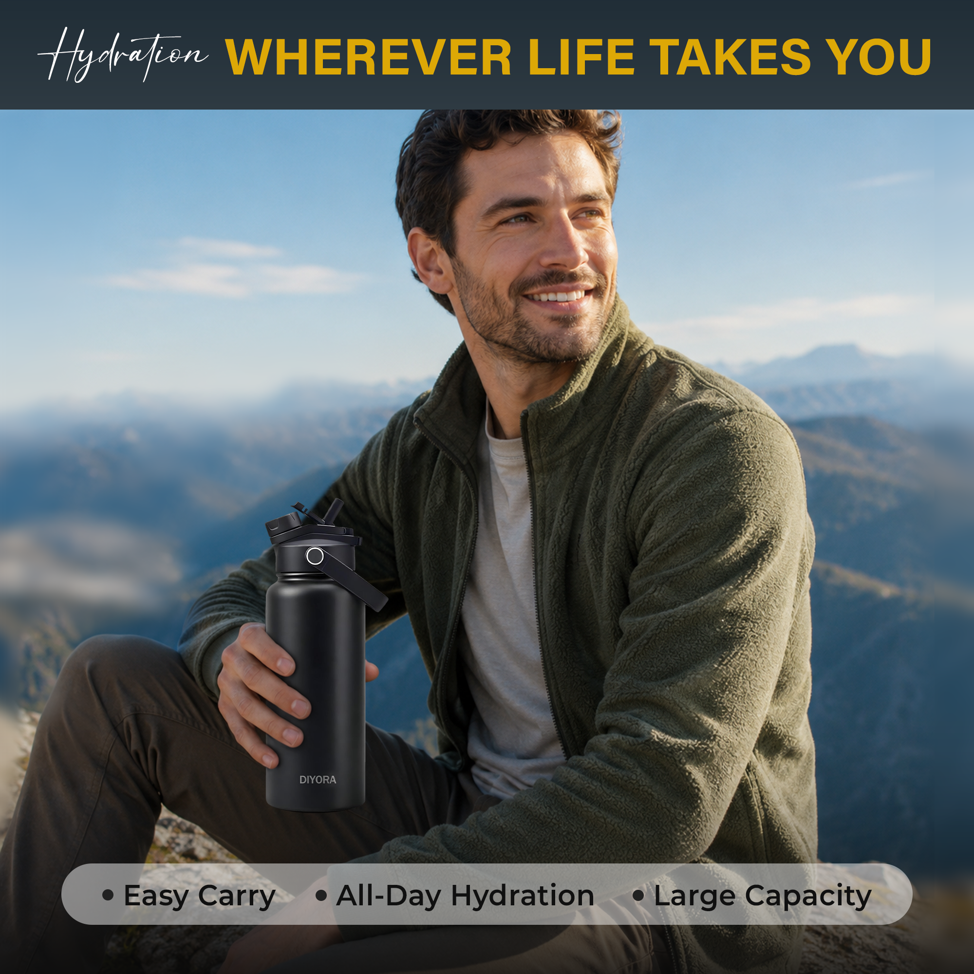 DIYORA 32oz Insulated Stainless Steel Water Bottle