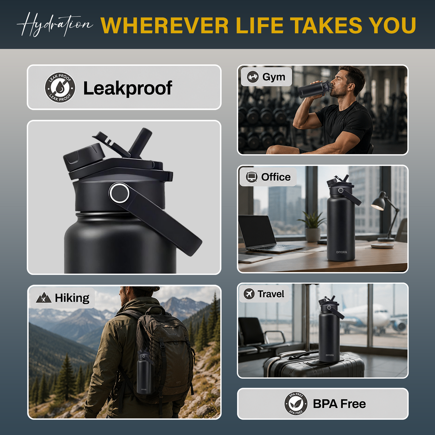 DIYORA 32oz Insulated Stainless Steel Water Bottle