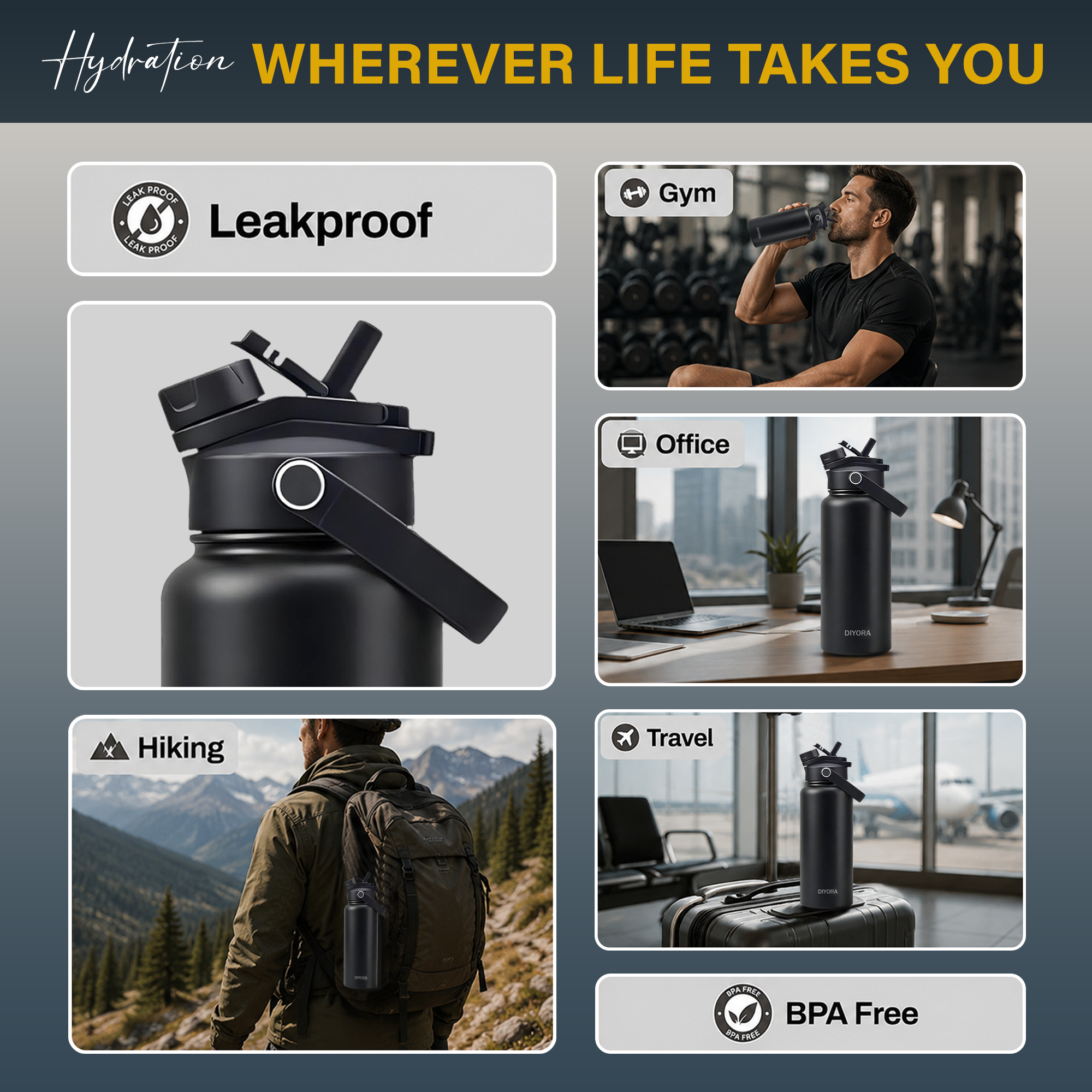 DIYORA 32oz Insulated Stainless Steel Water Bottle
