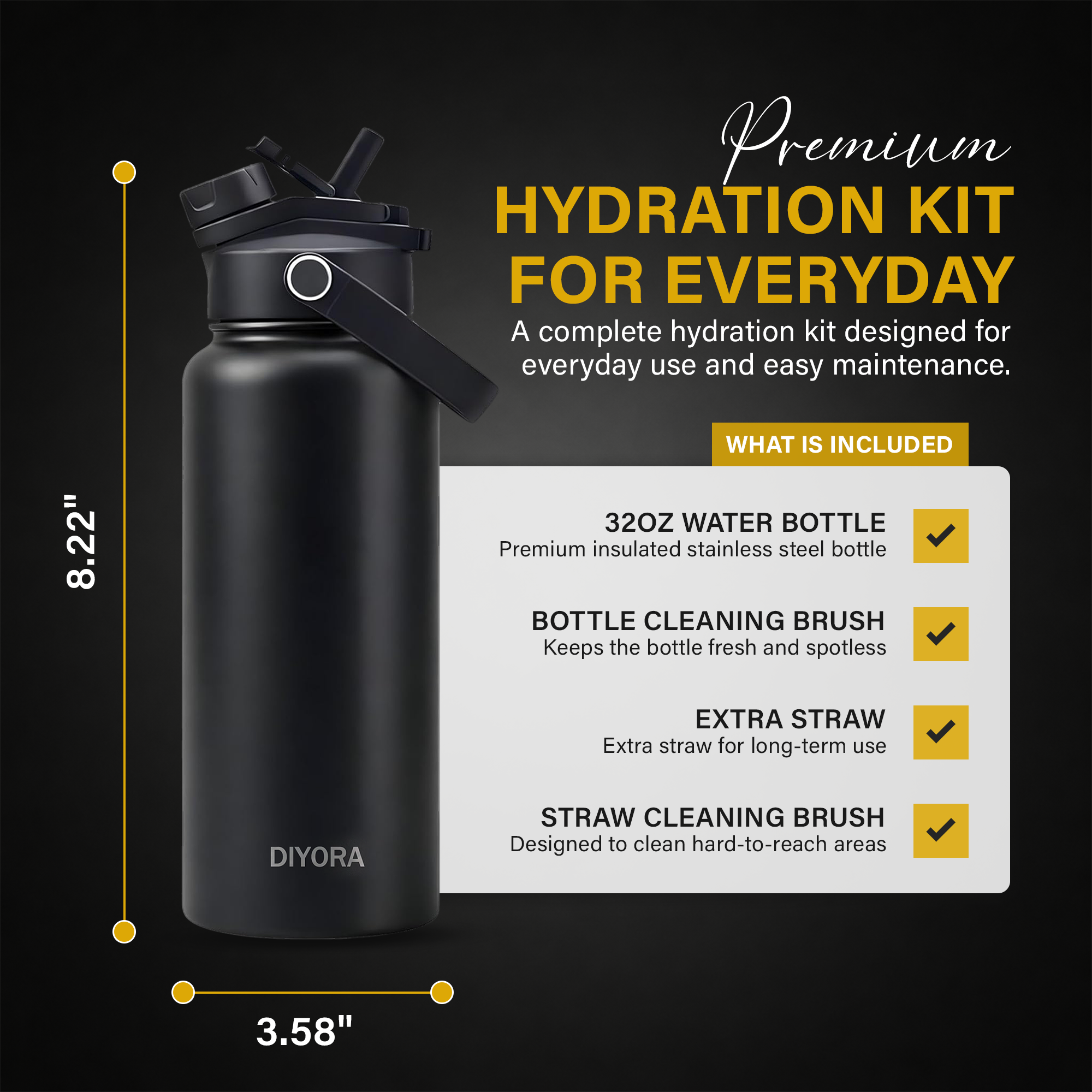 DIYORA 32oz Insulated Stainless Steel Water Bottle