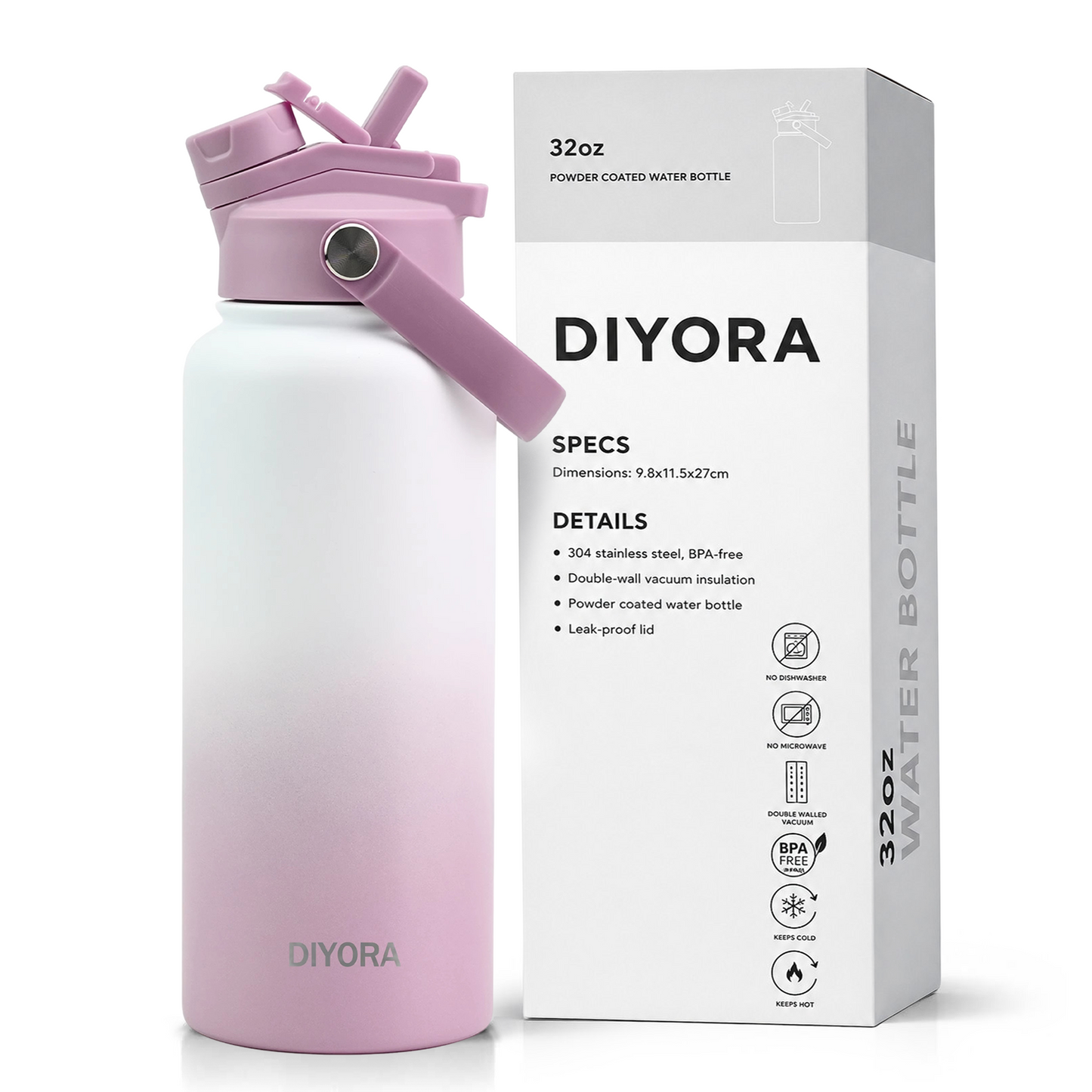 DIYORA 32oz Insulated Stainless Steel Water Bottle