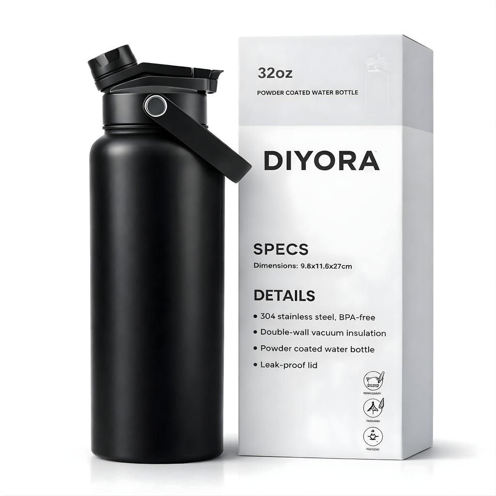 DIYORA 32oz Insulated Stainless Steel Water Bottle- Leakproof, BPA-Free, Double Wall Vacuum